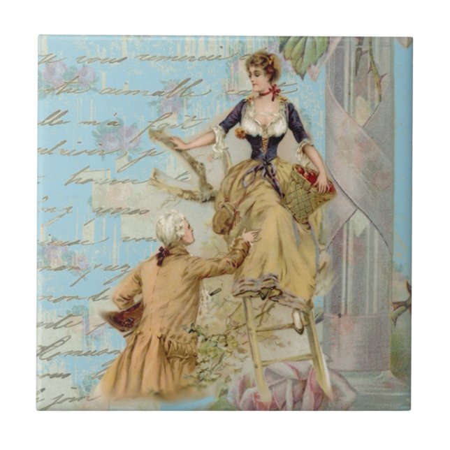 Romantic Paris Lovers Shabbychic blue Tile (Front)
