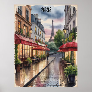 Romantic Paris Street Eiffel Tower Watercolor  Poster