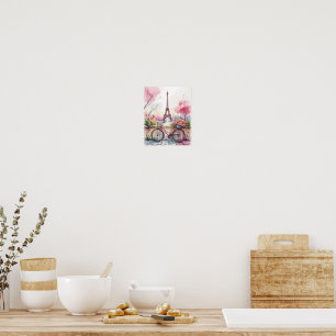 Romantic Paris Watercolor – Eiffel Tower & Bicycle Poster