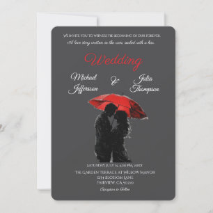 Romantic Parisian Red Umbrella Love Silhouette Invitation