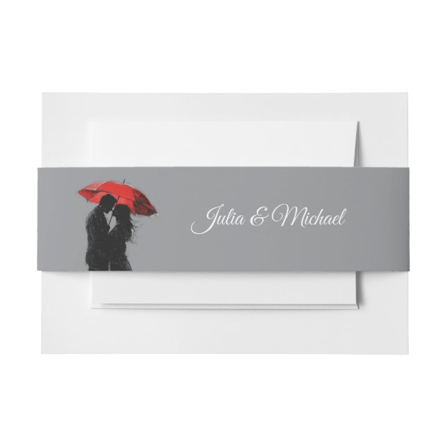  Romantic Parisian Red Umbrella  Love Silhouette Invitation Belly Band (Front Example)