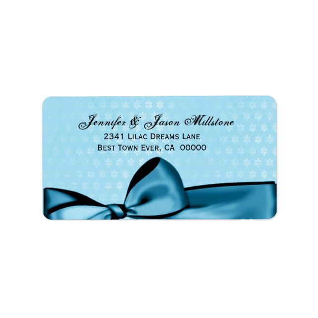 Romantic Pastel Blue Bow & Damask Wedding Label (Front)