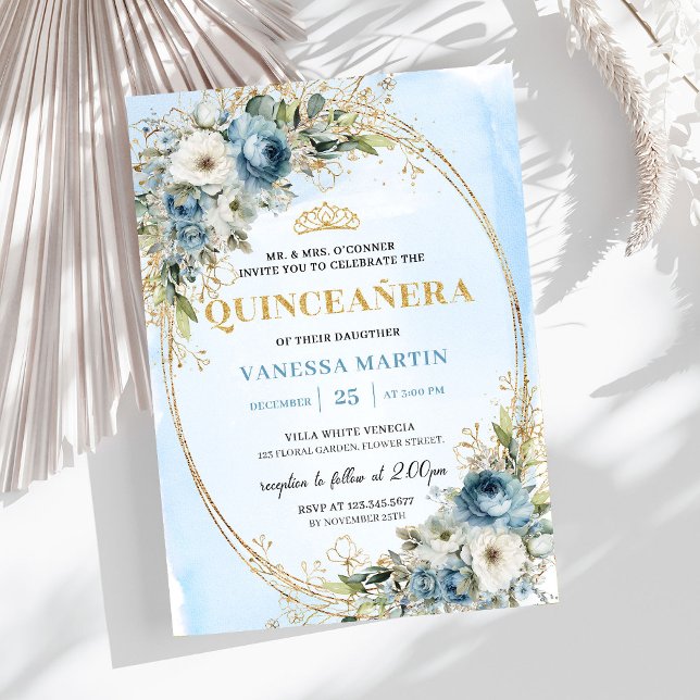 Romantic Pastel Blue Gold Eucalyptus Quinceañera Invitation (Romantic Pastel Blue Gold Eucalyptus Quinceañera)