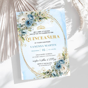 Romantic Pastel Blue Gold Eucalyptus Quinceañera   Invitation