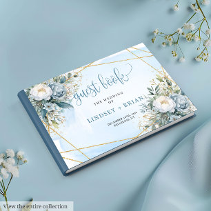 Romantic Pastel Blue White Peonies Gold Livre d'or