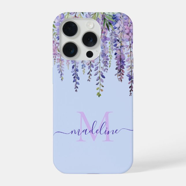 Romantic Pastel Blue Wisteria Monogram Script Name iPhone Case (Back)