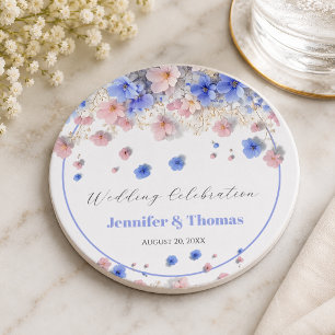 Romantic Pastel Cottagecore Wildflowers  Wedding Round Paper Coaster