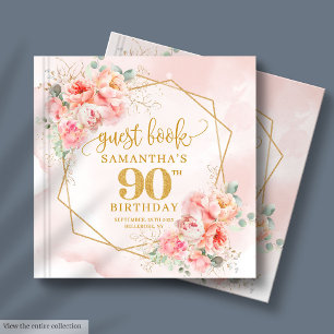 Romantic Pastel Pink Gold Peonies 90th Birthday  Guest Book