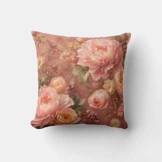 Romantic Pastel Pink Peonies & Roses Botanical Throw Pillow