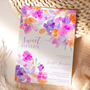 Romantic pastel purple orange floral Sweet 16 Invitation