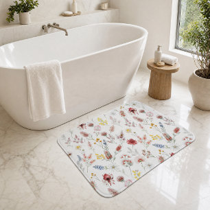 Romantic Pastel Watercolor Wildflowers Bath Mat