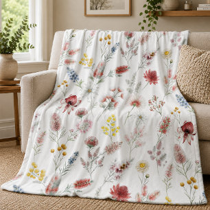 Romantic Pastel Watercolor Wildflowers Fleece Blanket