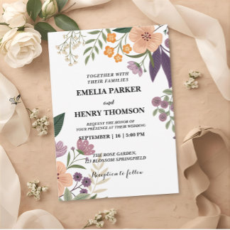 Romantic Pastel Wild Flowers Boho Elegant Wedding  Invitation