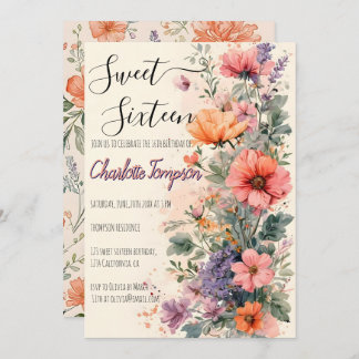 Romantic pastel wild flowers spring sweet 16 invit invitation