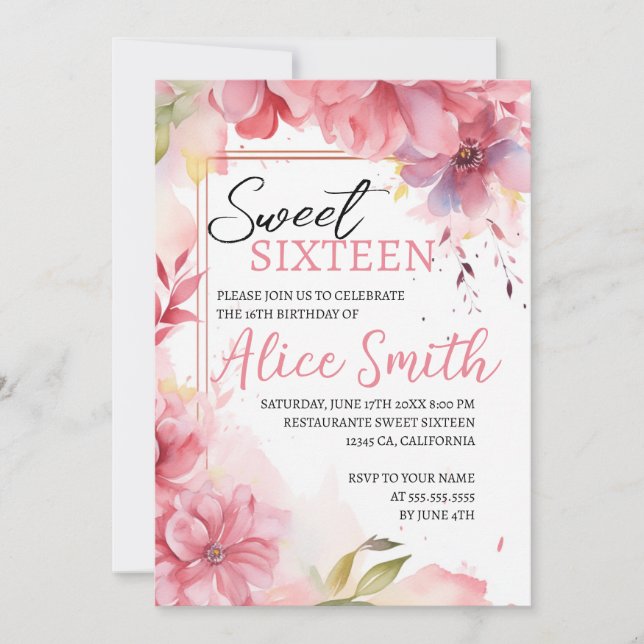 Romantic pastel wild flowers spring sweet 16 invitation (Front)