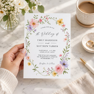 Romantic Pastel Wildflower Wreath Garden Wedding Invitation