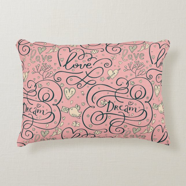 Romantic Pattern with Hearts and Birds Accent Pillow (Front)