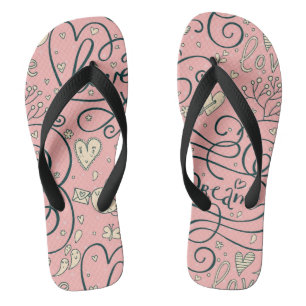 Romantic Pattern with Hearts and Birds Flip Flops