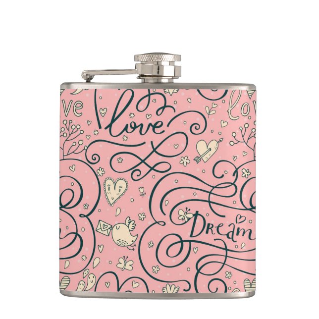 Romantic Pattern with Hearts and Birds Hip Flask (Front)