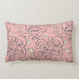 Romantic Pattern with Hearts and Birds Lumbar Pillow