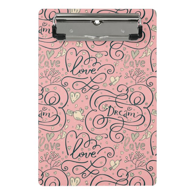 Romantic Pattern with Hearts and Birds Mini Clipboard (Front)