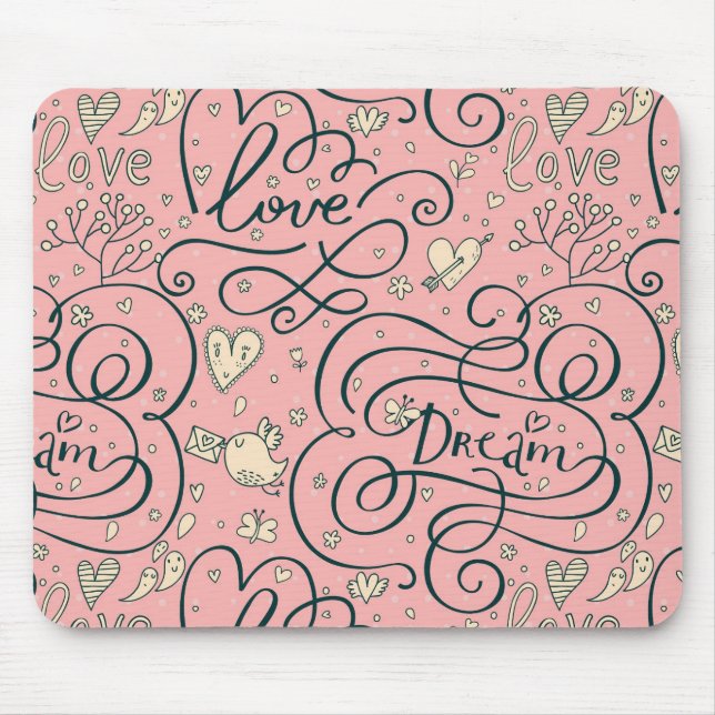 Romantic Pattern with Hearts and Birds Mouse Pad (Front)