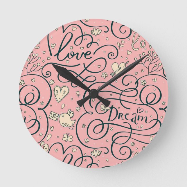Romantic Pattern with Hearts and Birds Round Clock (Front)