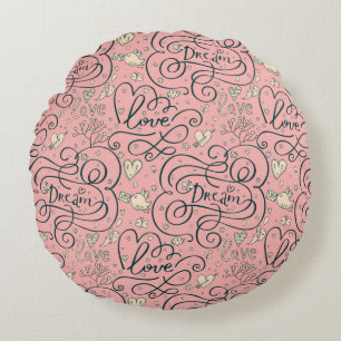 Romantic Pattern with Hearts and Birds Round Pillow