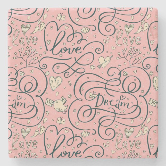 Romantic Pattern with Hearts and Birds Stone Coaster (Front)
