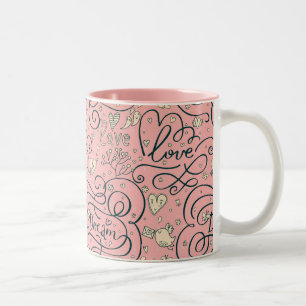 Romantic Pattern with Hearts and Birds Two-Tone Coffee Mug
