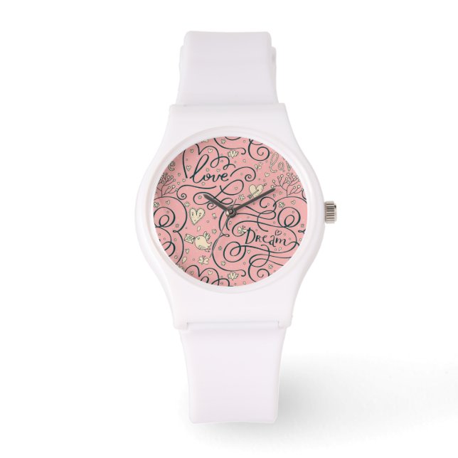 Romantic Pattern with Hearts and Birds Watch (Front)