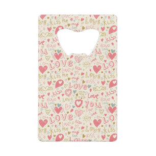 Romantic Pattern with Hearts and Lips Credit Card Bottle Opener