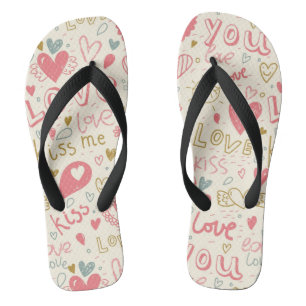 Romantic Pattern with Hearts and Lips Flip Flops