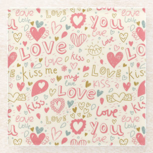 Romantic Pattern with Hearts and Lips Glass Coaster