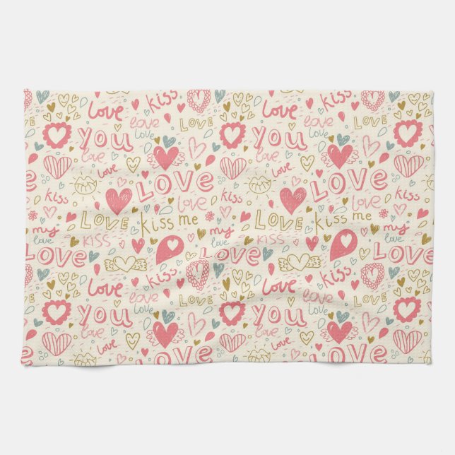 Romantic Pattern with Hearts and Lips Kitchen Towel (Horizontal)