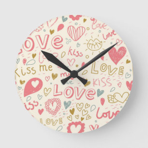 Romantic Pattern with Hearts and Lips Round Clock