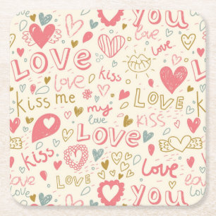 Romantic Pattern with Hearts and Lips Square Paper Coaster