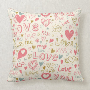 Romantic Pattern with Hearts and Lips Throw Pillow