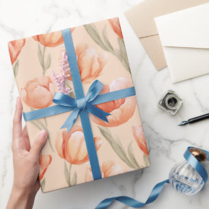 Romantic Peach Coral Tulip Watercolor Pattern Wrapping Paper