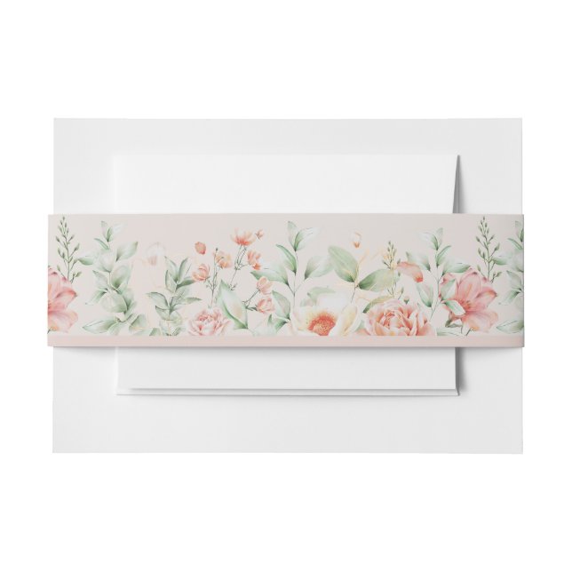 Romantic Peach Cream and Sage Green Floral Invitation Belly Band (Front Example)