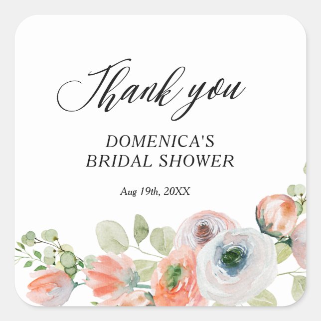 Romantic Peach Floral Bridal Shower Square Sticker (Front)