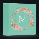 Romantic Peach Floral Monogram Binder<br><div class="desc">Romantic Peach and pink watercolor Floral wreath monogram on solid pastel mint</div>