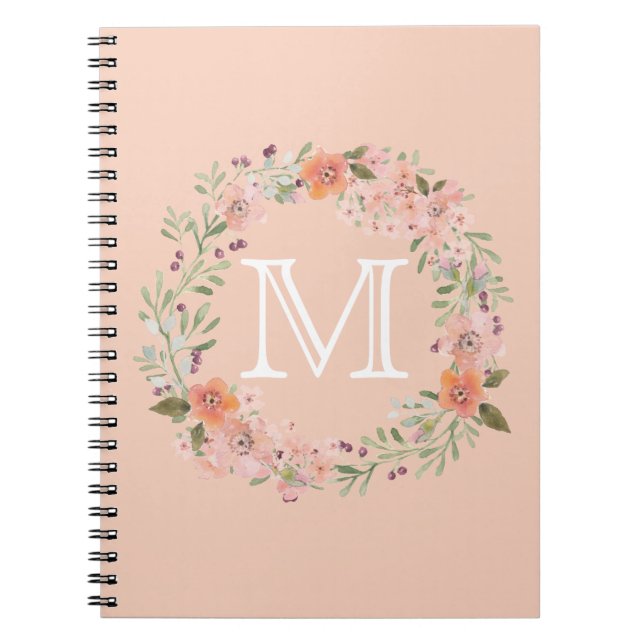 Romantic Peach Floral monogram Notebook (Front)