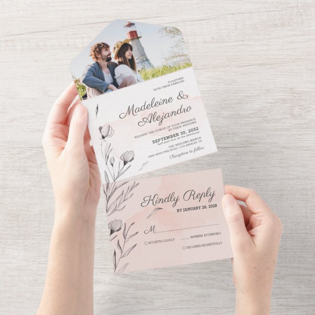 Romantic peach & grey floral elegant wedding all in one invitation (Tearaway)