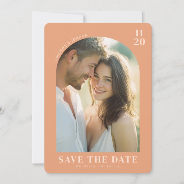 Romantic Peach Minimalist Photo Save The Date (Front)