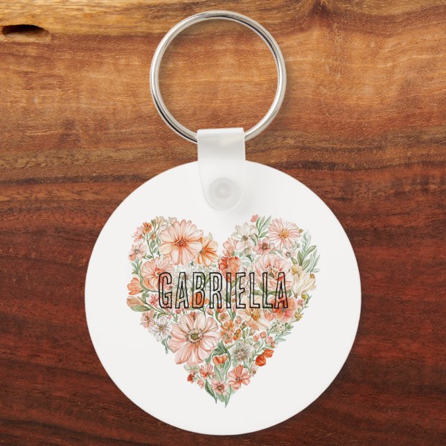 Romantic Peach Mint Floral Heart Keychain (Front)