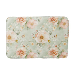 Romantic Peach Mint Pretty Roses Floral Bath Mat