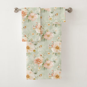 Romantic Peach Mint Pretty Roses Floral Bath Towel Set