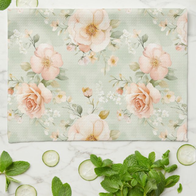 Romantic Peach Mint Pretty Roses Floral Kitchen Towel (Folded)