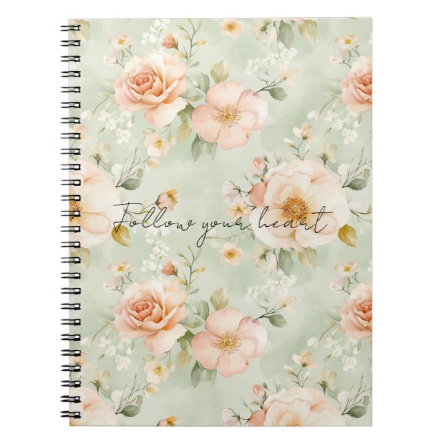 Romantic Peach Mint Pretty Roses Floral Notebook (Front)